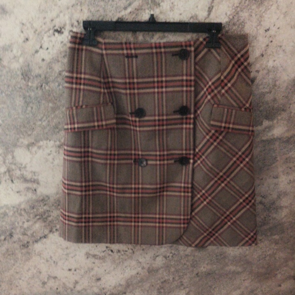 10 Crosby Derek Lam Asymmetrical Plaid Skirt - Brown and Red